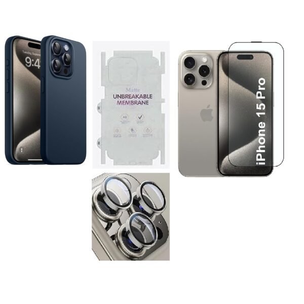 4 in 1 Premium Combo Pack for iPhone 15 Pro Blue Titanium – (Back Case + Camera Lens Protector + Tempered Glass + Unbreakable Membrane)