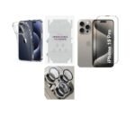 4 in 1 Premium Combo Pack for iPhone 15 Pro Transparent (Back Case + Camera Lens Protector + Tempered Glass + Unbreakable Membrane) 4 in 1 Premium Combo Pack for iPhone 15 Pro Transparent (Back Case + Camera Lens Protector + Tempered Glass + Unbreakable Membrane)