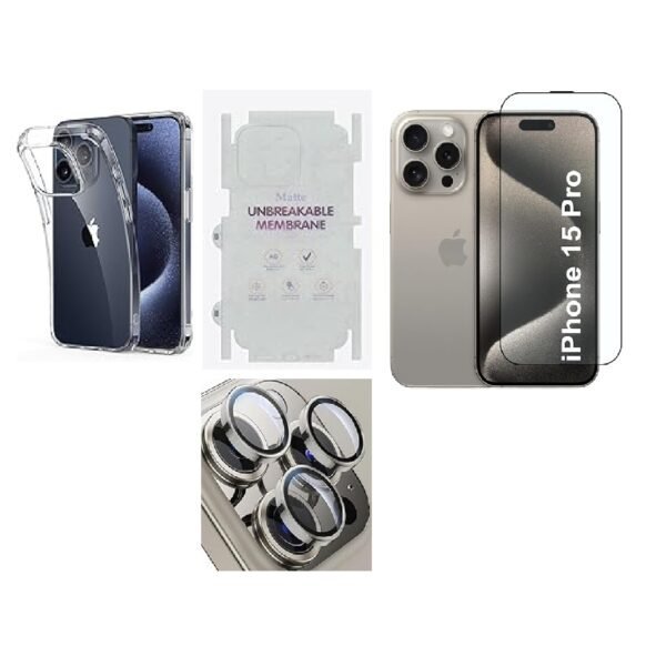4 in 1 Premium Combo Pack for iPhone 15 Pro Transparent (Back Case + Camera Lens Protector + Tempered Glass + Unbreakable Membrane)