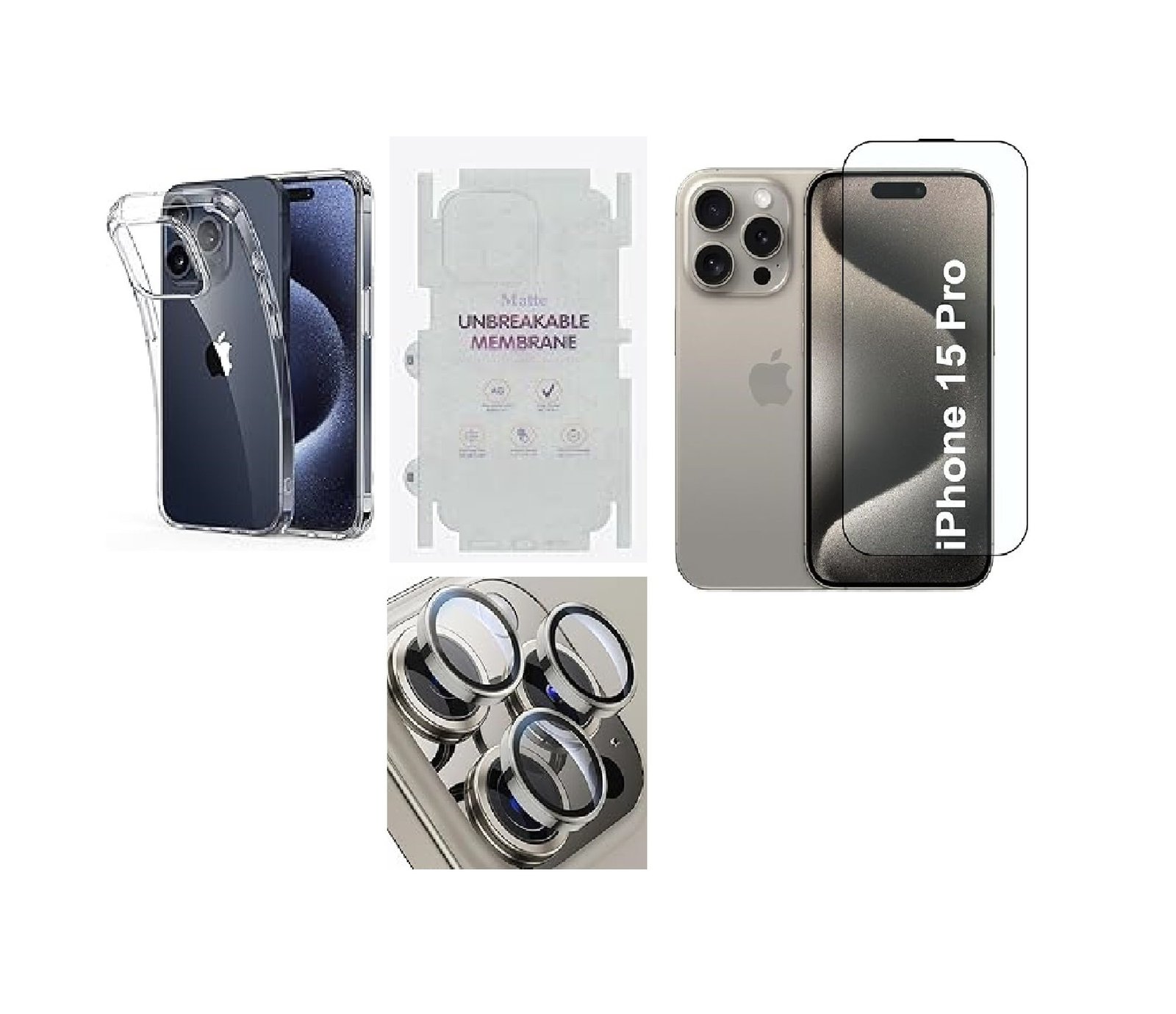 4 in 1 Premium Combo Pack for iPhone 15 Pro Transparent (Back Case + Camera Lens Protector + Tempered Glass + Unbreakable Membrane) 4 in 1 Premium Combo Pack for iPhone 15 Pro Transparent (Back Case + Camera Lens Protector + Tempered Glass + Unbreakable Membrane)