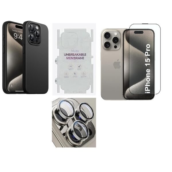 4 in 1 Premium Combo Pack for iPhone 15 Pro Black Titanium – (Back Case + Camera Lens Protector + Tempered Glass + UnbreakaBlack Titanium(Copy)