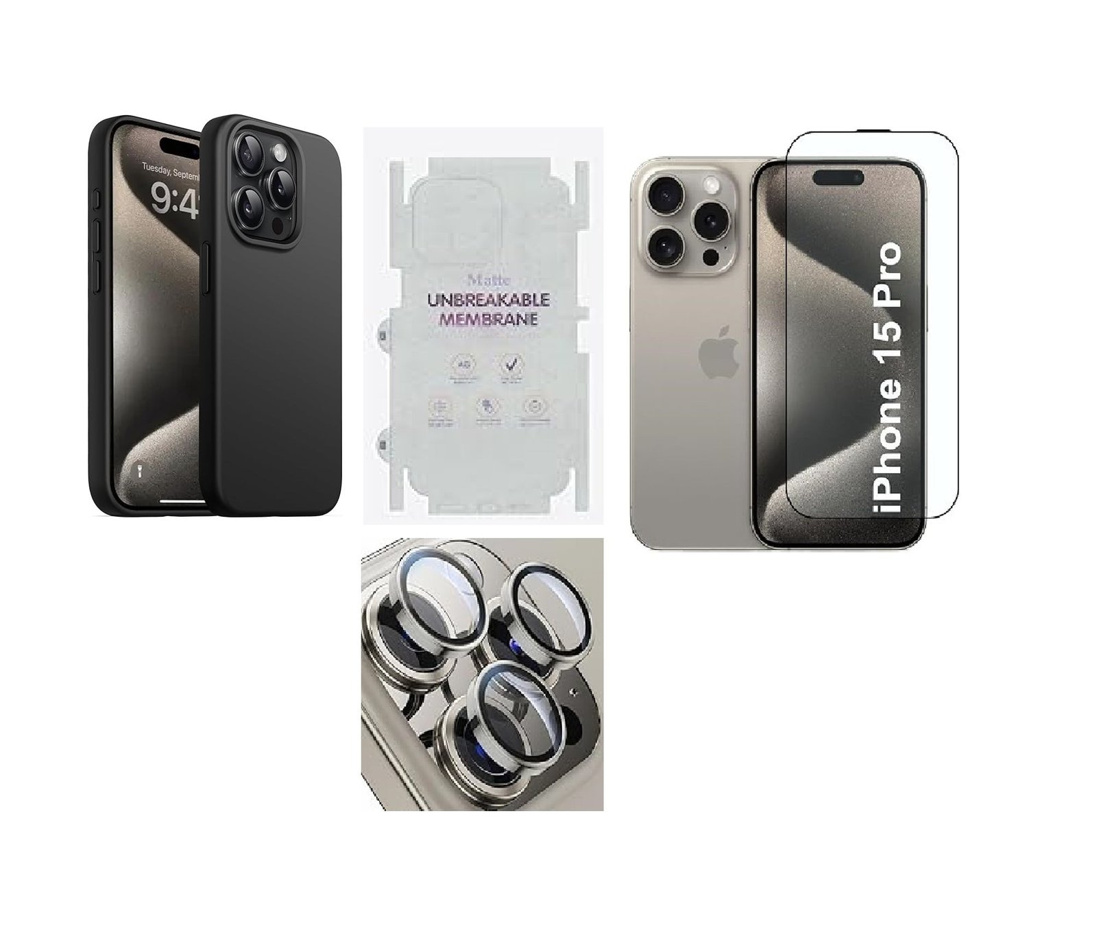 4 in 1 Premium Combo Pack for iPhone 15 Pro Black Titanium – (Back Case + Camera Lens Protector + Tempered Glass + UnbreakaBlack Titanium(Copy) 4 in 1 Premium Combo Pack for iPhone 15 Pro Black Titanium – (Back Case + Camera Lens Protector + Tempered Glass + UnbreakaBlack Titanium(Copy)
