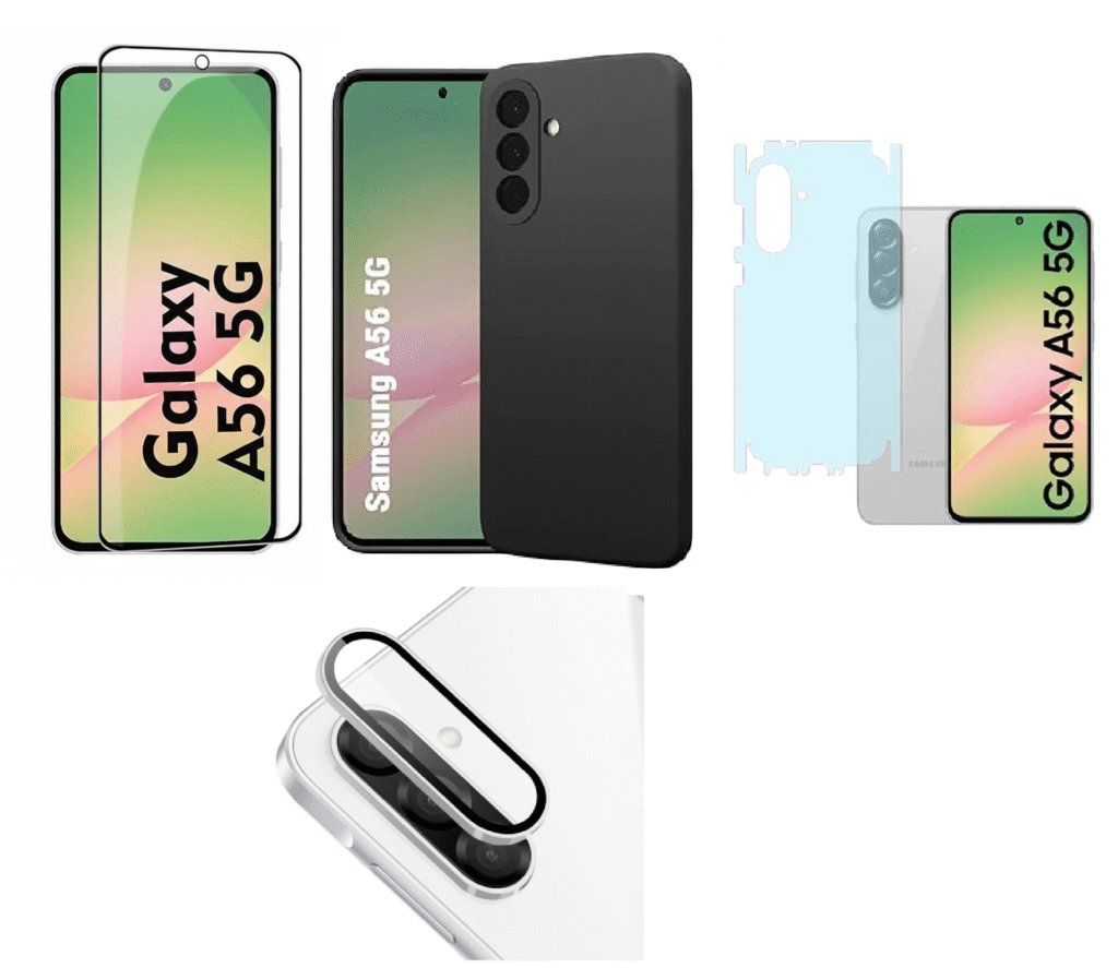 Silicone Soft Back Cover Case for Samsung Galaxy A56 5G (Black)\ Camera Lens Protector\ Membrane Scratch Guard\ Tempered Glass (4 Combo) Silicone Soft Back Cover Case for Samsung Galaxy A56 5G (Black)\ Camera Lens Protector\ Membrane Scratch Guard\ Tempered Glass (4 Combo)