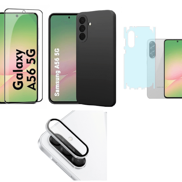 Silicone Soft Back Cover Case for Samsung Galaxy A56 5G (Black)\ Camera Lens Protector\ Membrane Scratch Guard\ Tempered Glass (4 Combo)
