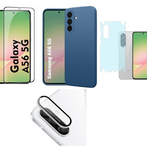 Silicone Soft Back Cover Case for Samsung Galaxy A56 5G (Blue)\ Camera Lens Protector\ Membrane Scratch Guard\ Tempered Glass (4 Combo)