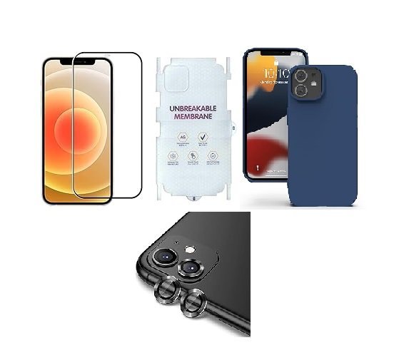 4 in 1 Combo Pack for iPhone 12 – Blue (Back Cover + Camera Lens Protector + Tempered Glass + Unbreakable Film