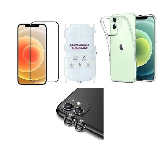4 in 1 Combo Pack for iPhone 12 – Transparent (Back Cover + Camera Lens Protector + Tempered Glass + Unbreakable Film