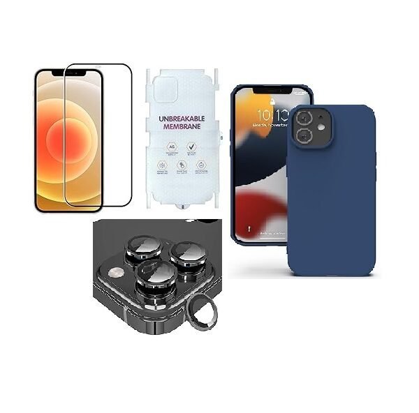 4 in 1 Combo Pack for iPhone 12 pro -Blue (Back Cover + Camera Lens Protector + Tempered Glass + Unbreakable Film)