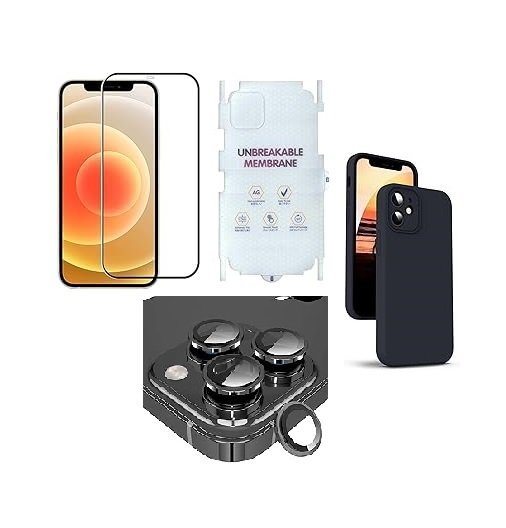 4 in 1 Combo Pack for iPhone 12 pro- Black (Back Cover + Camera Lens Protector + Tempered Glass + Unbreakable Film)