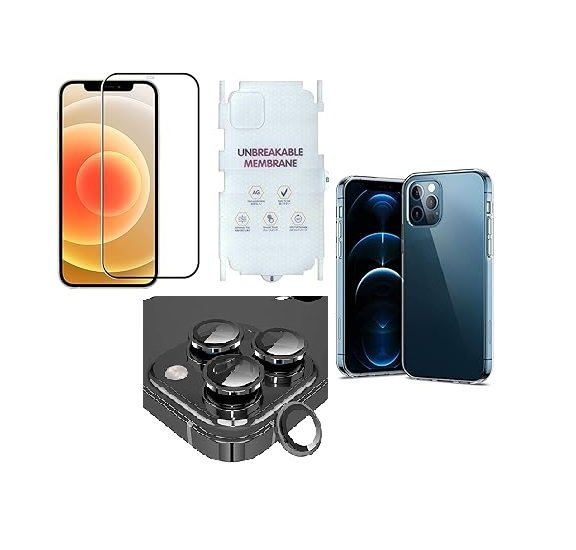 4 in 1 Combo Pack for iPhone 12 – Transparent (Back Cover + Camera Lens Protector + Tempered Glass + Unbreakable Film