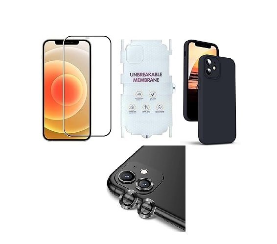 4 in 1 Combo Pack for iPhone 12 – Black Edition (Back Cover + Camera Lens Protector + Tempered Glass + Unbreakable Film