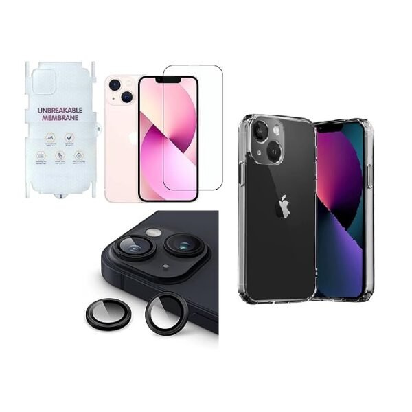 4 in 1 Combo Pack for IPhone 13 Mini – Transparent (Back Cover + Camera Lens Protector + Tempered Glass + Unbreakable Film)
