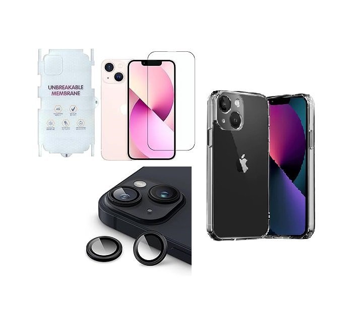 4 in 1 Combo Pack for IPhone 13 Mini – Transparent (Back Cover + Camera Lens Protector + Tempered Glass + Unbreakable Film) 4 in 1 Combo Pack for IPhone 13 Mini – Transparent (Back Cover + Camera Lens Protector + Tempered Glass + Unbreakable Film)