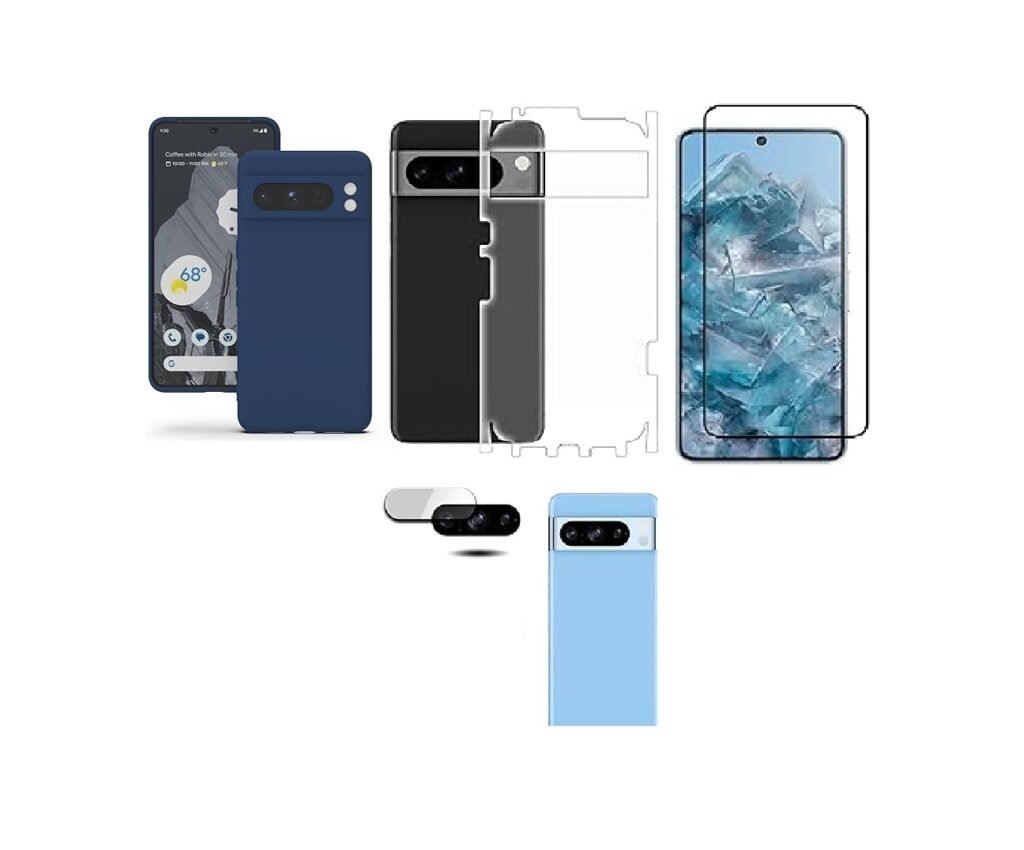 4 in 1 Combo Pack for Google Pixel 8 Pro  – Blue (Back Cover + Camera Lens Protector + Tempered Glass + Unbreakable Film)