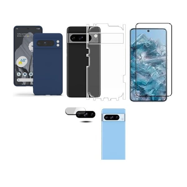 4 in 1 Combo Pack for Google Pixel 8 Pro  – Blue (Back Cover + Camera Lens Protector + Tempered Glass + Unbreakable Film)