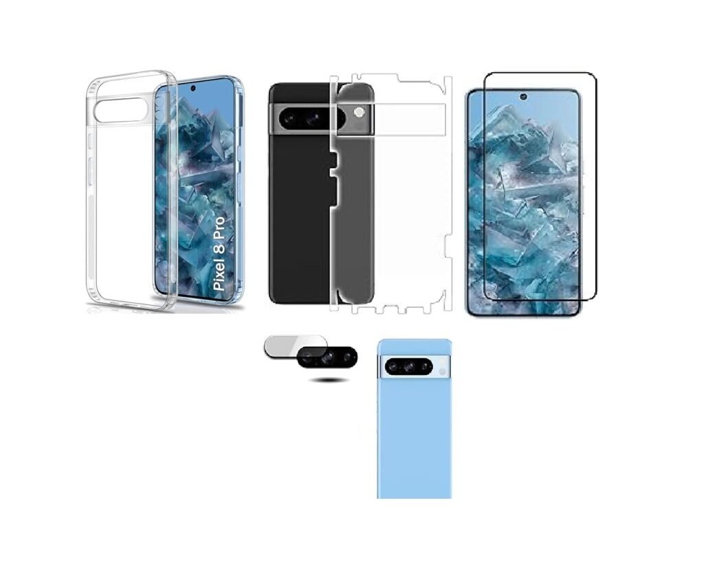 4 in 1 Combo Pack for Google Pixel 8 Pro – Transparent (Back Cover + Camera Lens Protector + Tempered Glass + Unbreakable Film)