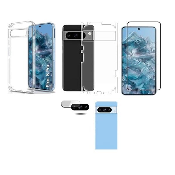 4 in 1 Combo Pack for Google Pixel 8 Pro – Transparent (Back Cover + Camera Lens Protector + Tempered Glass + Unbreakable Film)