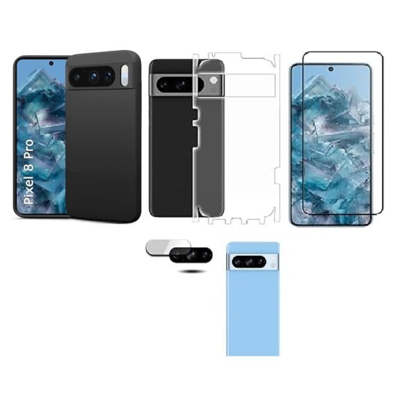 4 in 1 Combo Pack for Google Pixel 8 Pro – Black (Back Cover + Camera Lens Protector + Tempered Glass + Unbreakable Film)