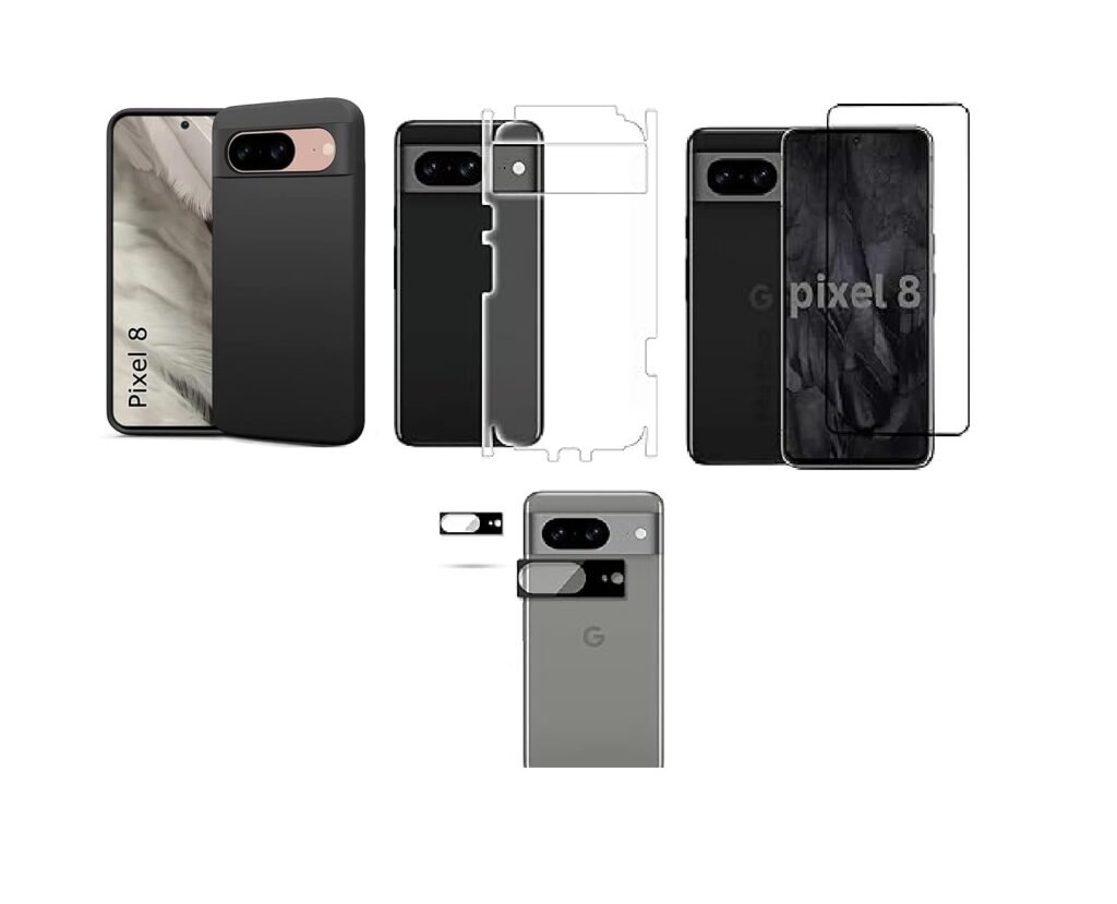 4 in 1 Combo Pack for Google Pixel 8 – Black (Back Cover + Camera Lens Protector + Tempered Glass + Unbreakable Film)