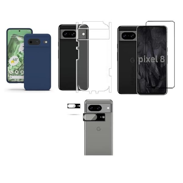 4 in 1 Combo Pack for Google Pixel 8 – Blue (Back Cover + Camera Lens Protector + Tempered Glass + Unbreakable Film)