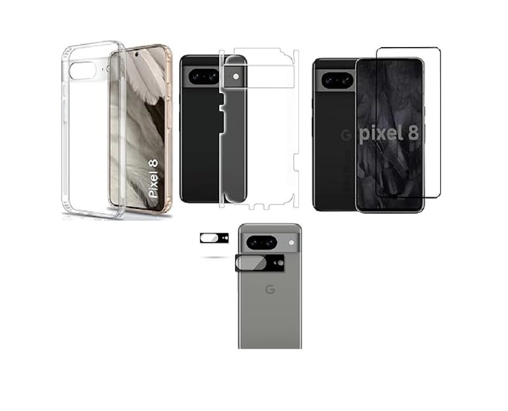 4 in 1 Combo Pack for Google Pixel 8 – Transparent (Back Cover + Camera Lens Protector + Tempered Glass + Unbreakable Film)