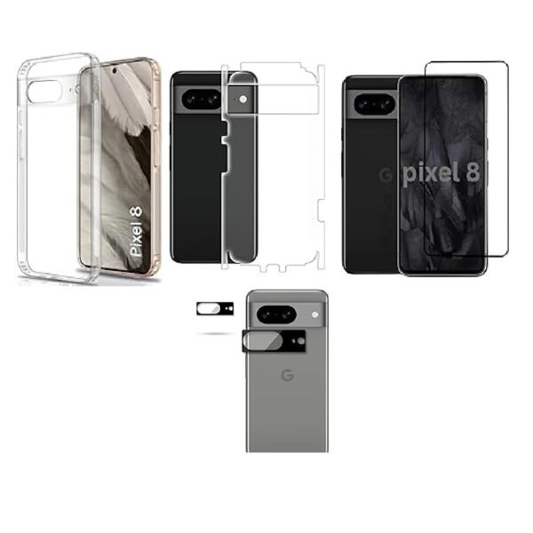 4 in 1 Combo Pack for Google Pixel 8 – Transparent (Back Cover + Camera Lens Protector + Tempered Glass + Unbreakable Film)