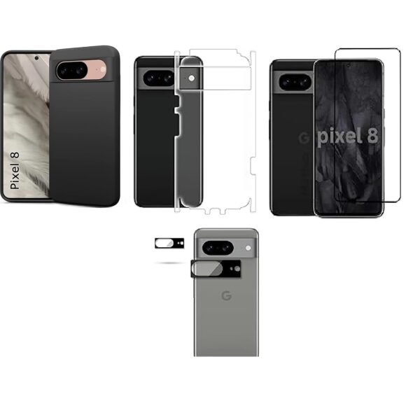 4 in 1 Combo Pack for Google Pixel 8 – Black (Back Cover + Camera Lens Protector + Tempered Glass + Unbreakable Film)