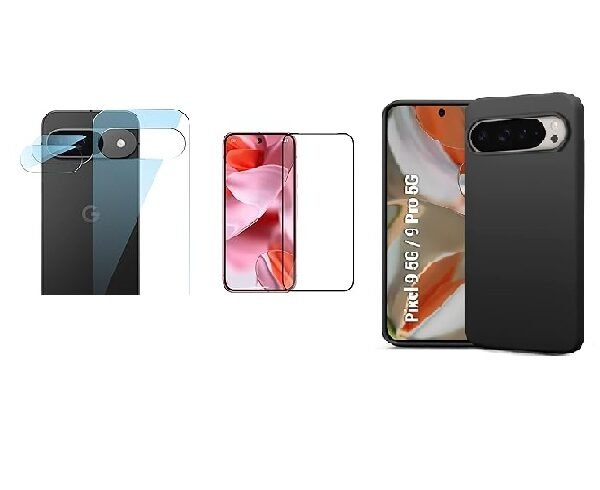 4 in 1 Combo Pack for Google Pixel 9 – Black (Back Cover + Camera Lens Protector + Tempered Glass + Unbreakable Film)