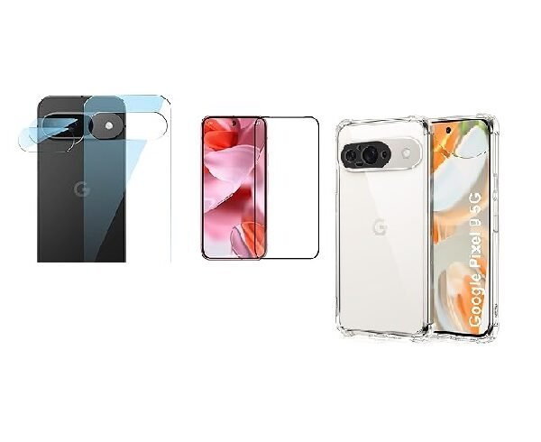 4 in 1 Combo Pack for Google Pixel 9 – Transparent (Back Cover + Camera Lens Protector + Tempered Glass + Unbreakable Film)