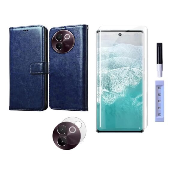 3 in 1 Combo Pack for Vivo V30e 5G – Flip Blue Cover (Back Cover + Camera Lens Protector + Tempered Glass)