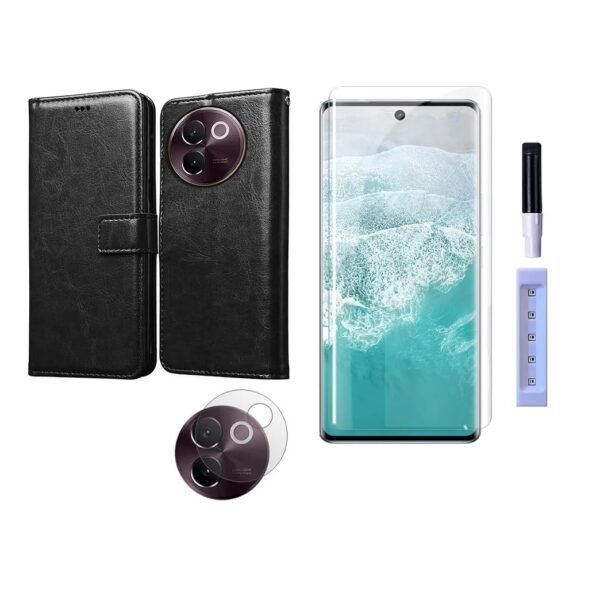 3 in 1 Combo Pack for Vivo V30e 5G – Flip Black Cover (Back Cover + Camera Lens Protector + Tempered Glass)