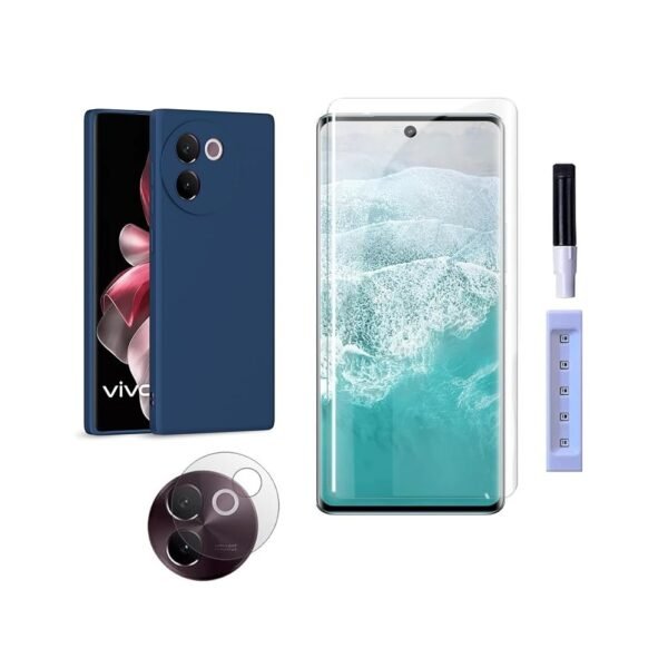 3 in 1 Combo Pack for Vivo V30e 5G – Silicone Blue Cover (Back Cover + Camera Lens Protector + Tempered Glass)