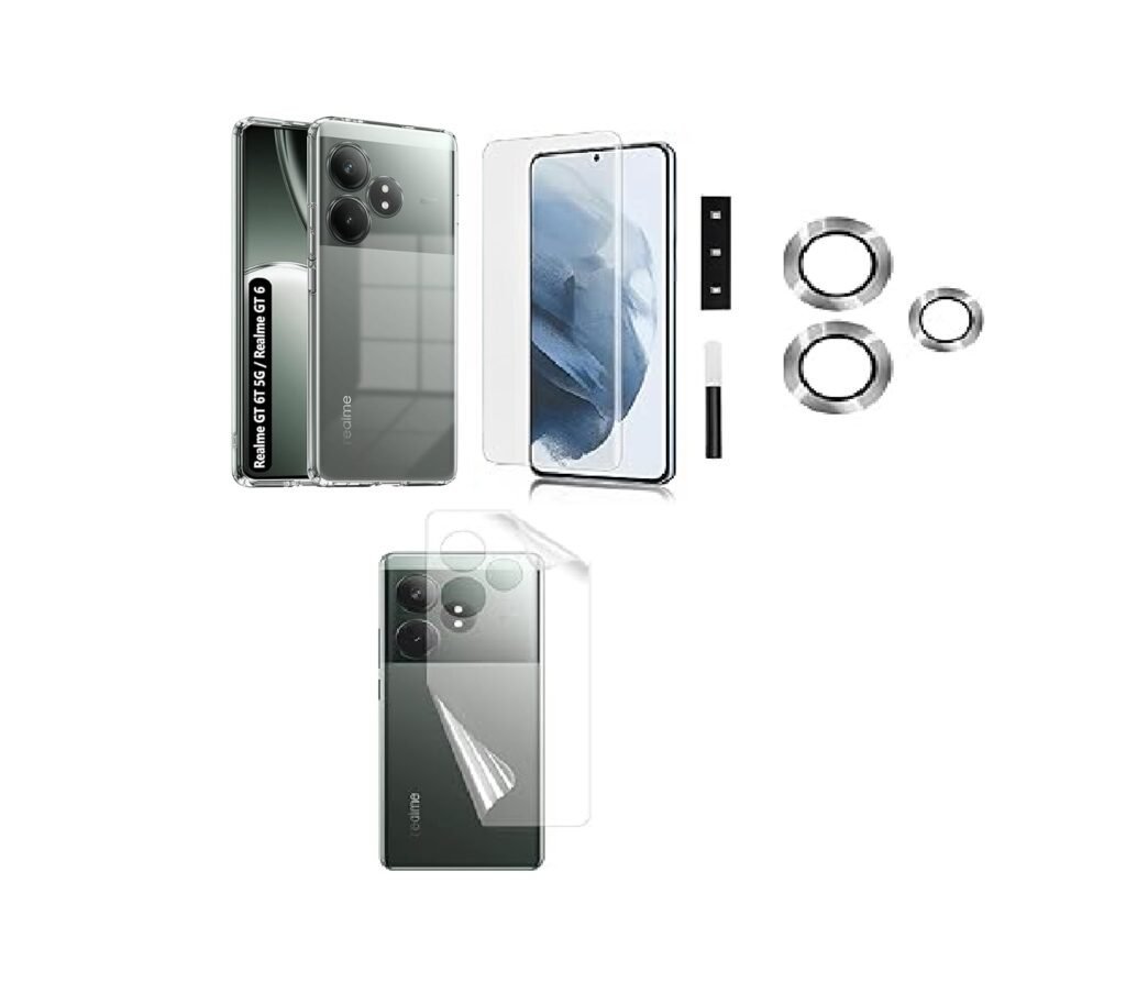 4 in 1 Combo Pack for Realme GT 6 \Realme GT 6T 5G –Transparent (Back Cover + Camera Lens Protector + Tempered Glass + Unbreakable Membrane)