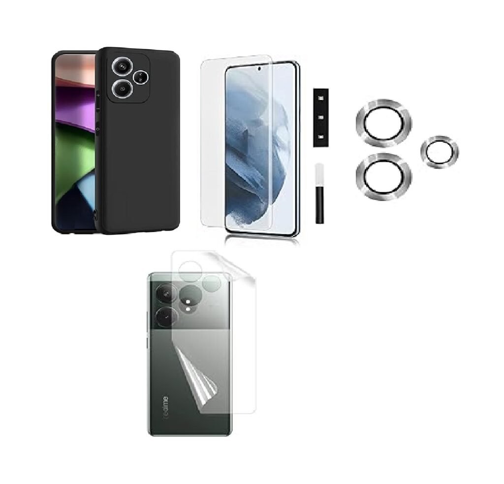 4 in 1 Combo Pack for Realme GT 6, Realme GT 6T 5G –Black (Back Cover + Camera Lens Protector + Tempered Glass + Unbreakable Membrane)