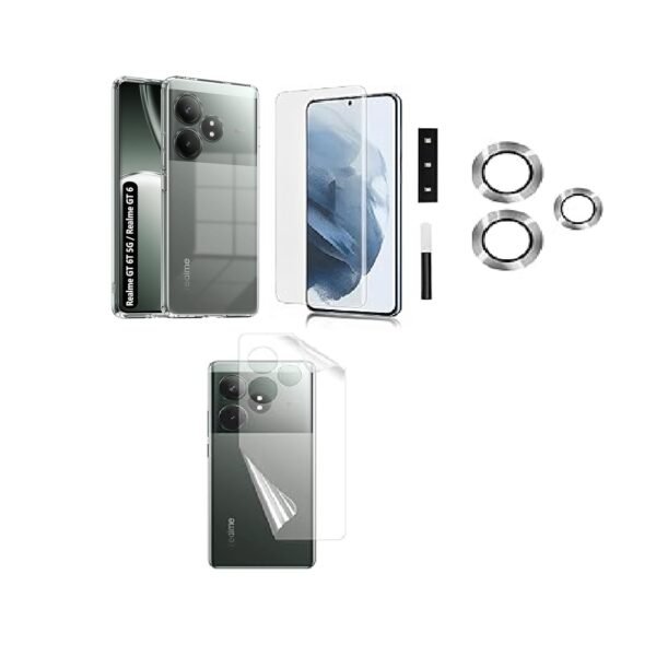 4 in 1 Combo Pack for Realme GT 6 \Realme GT 6T 5G –Transparent (Back Cover + Camera Lens Protector + Tempered Glass + Unbreakable Membrane)