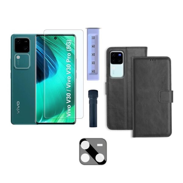 3 in 1 Combo Pack for Vivo V30 / V30 Pro 5G – Flip Black (Back Cover + Camera Lens Protector + Tempered Glass)