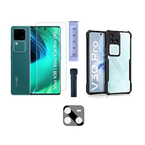 3 in 1 Combo Pack for Vivo V30 Pro 5G – Eagle Black Cover (Back Cover + Camera Lens Protector + Tempered Glass)