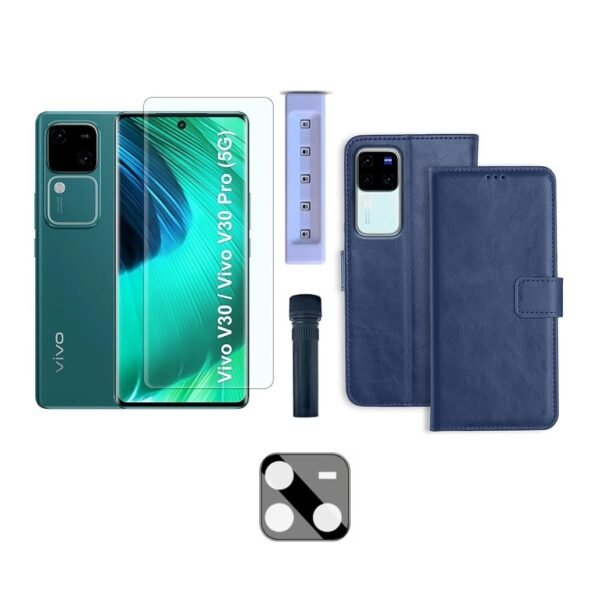 3 in 1 Combo Pack for Vivo V30 / V30 Pro 5G – Flip Blue (Back Cover + Camera Lens Protector + Tempered Glass)