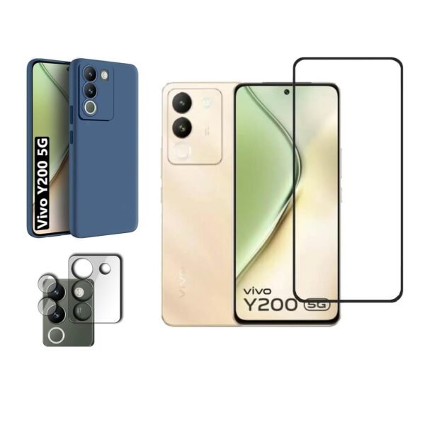 3 in 1 Combo Pack for Vivo Y200 5G – Silicone Blue, Back Cover (Back Cover + Camera Lens Protector + Tempered Glass)
