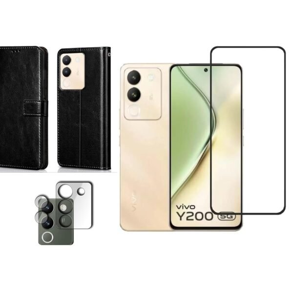 3 in 1 Combo Pack for Vivo Y200 5G – Flip Black (Back Cover + Camera Lens Protector + Tempered Glass)