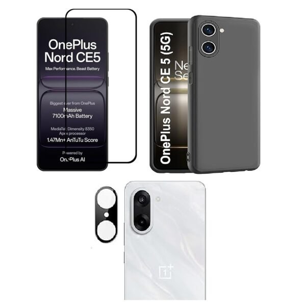 3 in 1 Combo Pack for OnePlus Nord CE 5 – Silicone Black Back Cover (Back Cover + Camera Lens Protector + Tempered Glass)