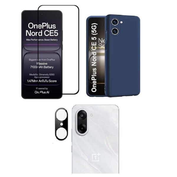 3 in 1 Combo Pack for OnePlus Nord CE 5 – Silicone Blue Back Cover (Back Cover + Camera Lens Protector + Tempered Glass)