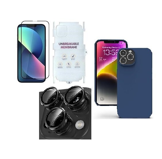 4 in 1 Combo Pack for iPhone 13 pro Max  - Blue (Back Cover + Camera Lens Protector + Tempered Glass + Unbreakable Film)