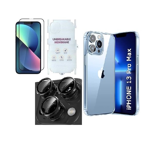 4 in 1 Combo Pack for iPhone 13 pro Max- Transparent (Back Cover + Camera Lens Protector + Tempered Glass + Unbreakable Film)