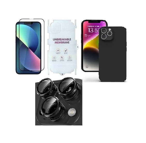 4 in 1 Combo Pack for iPhone 13 pro Max -Black (Back Cover + Camera Lens Protector + Tempered Glass + Unbreakable Film)