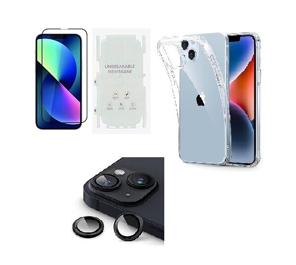 4 in 1 Combo Pack for iPhone 13 - Transparent (Back Cover + Camera Lens Protector + Tempered Glass + Unbreakable Film)