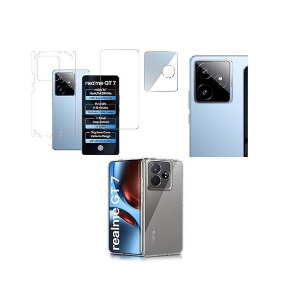 4 in 1 Combo Pack for Realme GT 7 5G –Transparent (Back Cover + Camera Lens Protector + Tempered Glass + Unbreakable Membrane)