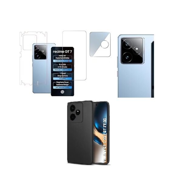 4 in 1 Combo Pack for Realme GT 7 5G –Black (Back Cover + Camera Lens Protector + Tempered Glass + Unbreakable Membrane)