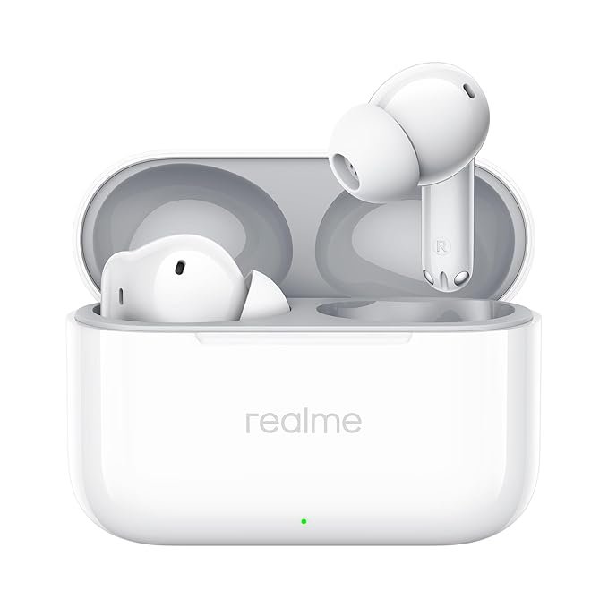 realme Buds T200 True Wireless Earbuds with Hi-Res Audio, 12.4mm Dynamic Bass Drivers, 32 dB ANC, Quad Mic, 45ms Latency, Upto 50 Hrs Playback, Fast Charge, IP55 Rated, BT 5.4 (White)