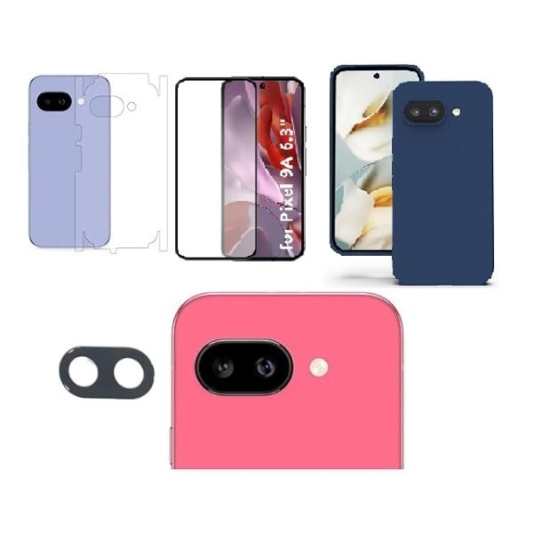 4 in 1 Combo Pack for Google Pixel 9A – Blue (Back Cover + Camera Lens Protector + Tempered Glass + Unbreakable Film)
